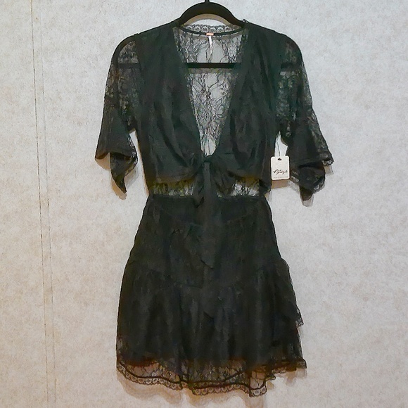 Free People Dresses & Skirts - NWT Free People Lace Mini Dress Black Front Tie w/Lining, Crop, Sheer Back SzS